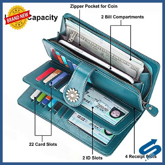 Large Capacity Genuine Leather RFID Blocking Wristlet Wallet Clutch - Picture 6 of 8